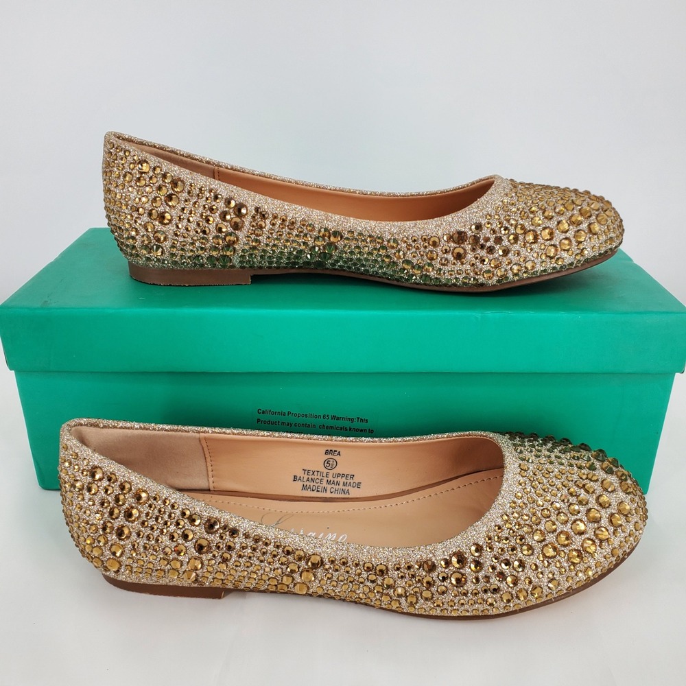 Lauren Lorraine Brea Nude Gold Rhinestone Ballet Flats Womens 5.5 New In Box